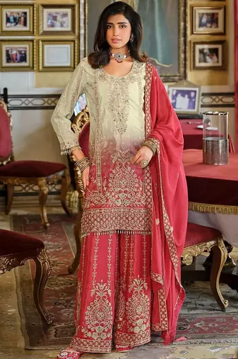 Ethnic Motifs Embroidered Round Neck Straight Kurta With Sharara & Dupatta