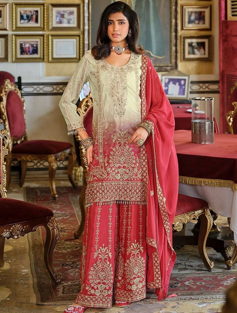 Ethnic Motifs Embroidered Round Neck Straight Kurta With Sharara & Dupatta