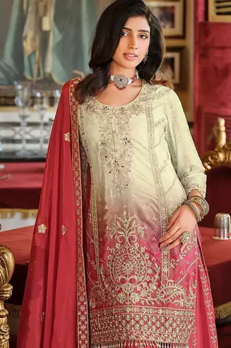 Ethnic Motifs Embroidered Round Neck Straight Kurta With Sharara & Dupatta