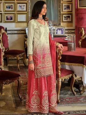 Ethnic Motifs Embroidered Round Neck Straight Kurta With Sharara & Dupatta 3
