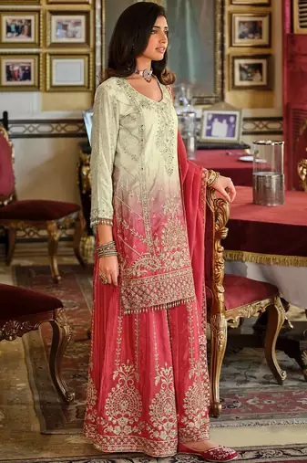 Ethnic Motifs Embroidered Round Neck Straight Kurta With Sharara & Dupatta