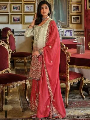 Ethnic Motifs Embroidered Round Neck Straight Kurta With Sharara & Dupatta 4