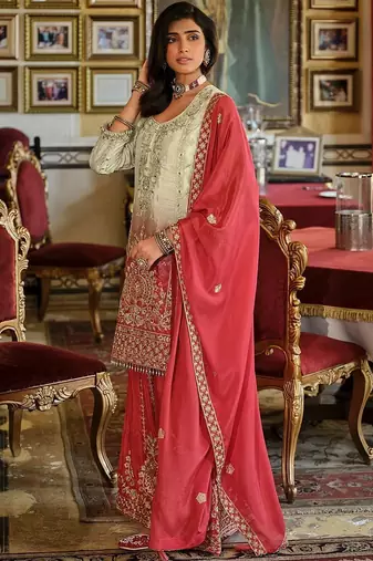 Ethnic Motifs Embroidered Round Neck Straight Kurta With Sharara & Dupatta