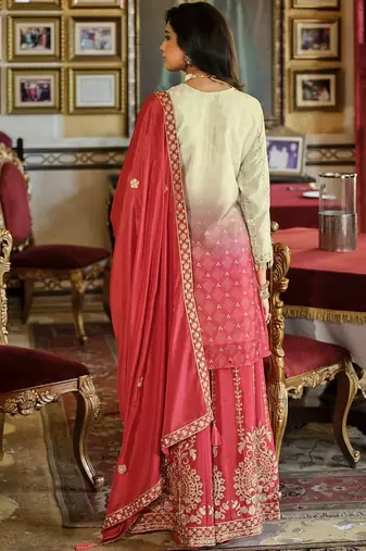 Ethnic Motifs Embroidered Round Neck Straight Kurta With Sharara & Dupatta