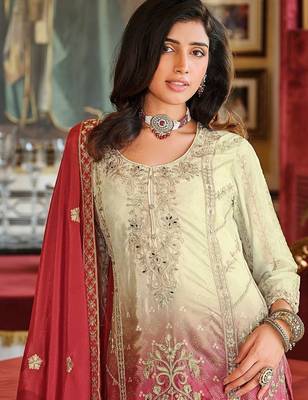 Ethnic Motifs Embroidered Round Neck Straight Kurta With Sharara & Dupatta 6