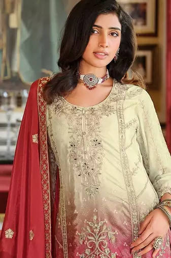 Ethnic Motifs Embroidered Round Neck Straight Kurta With Sharara & Dupatta
