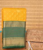 Marigold yellow and green semi silk saree with blouse