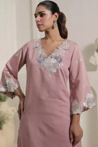 Floral Yoke Design V-Neck Thread Work Straight Kurta & Trousers