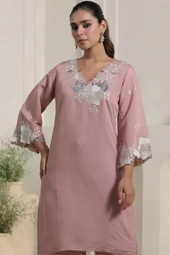Floral Yoke Design V-Neck Thread Work Straight Kurta & Trousers