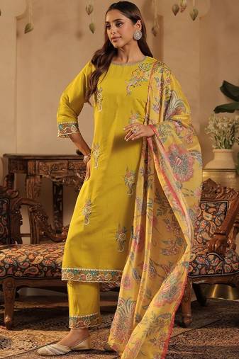 Floral Embroidered Straight Kurta With Trousers & Dupatta