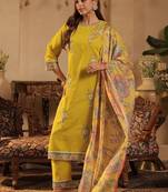 Floral Embroidered Straight Kurta With Trousers & Dupatta
