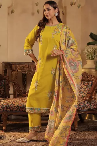 Floral Embroidered Straight Kurta With Trousers & Dupatta