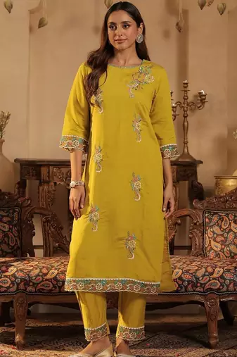 Floral Embroidered Straight Kurta With Trousers & Dupatta