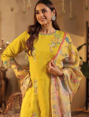 Floral Embroidered Straight Kurta With Trousers & Dupatta 6