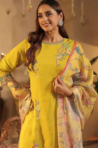 Floral Embroidered Straight Kurta With Trousers & Dupatta