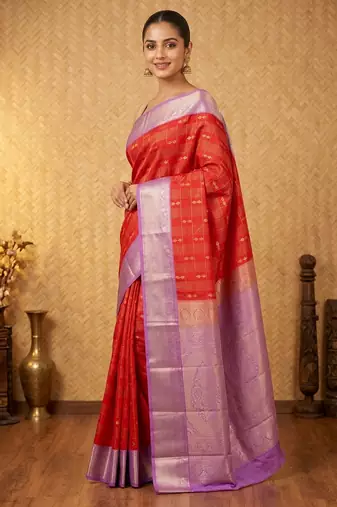 Red and lavender soft silk saree with blouse