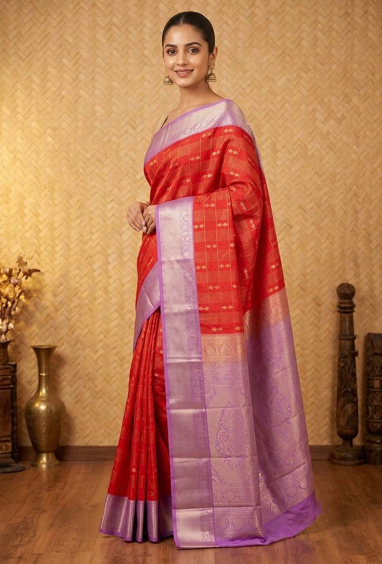 Red and lavender soft silk saree with blouse