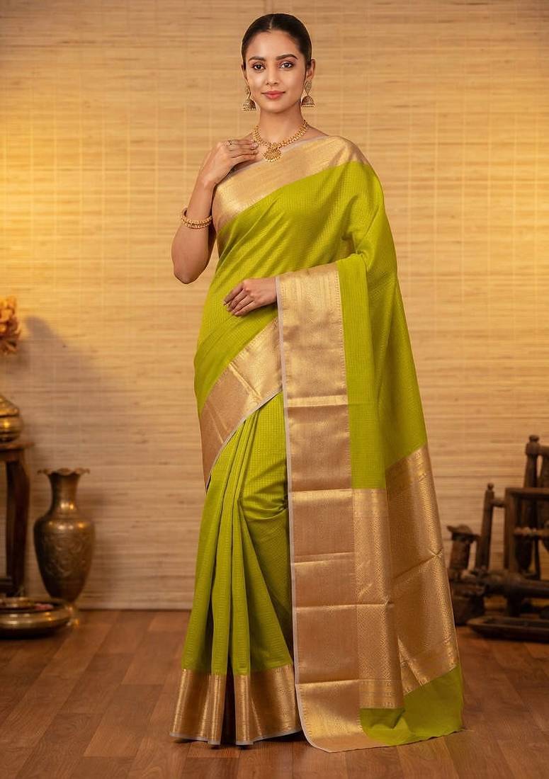 Green and grey soft silk saree with blouse