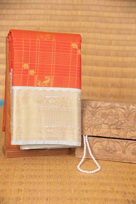 Tangerine orange and grey zari kattam semi silk saree with blouse 1