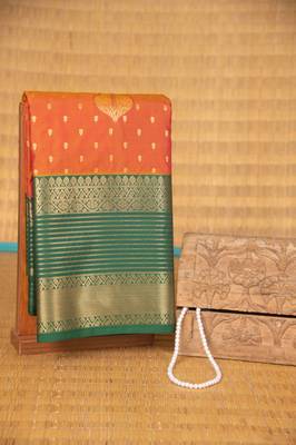 Golden orange and dark green semi silk saree with blouse 1