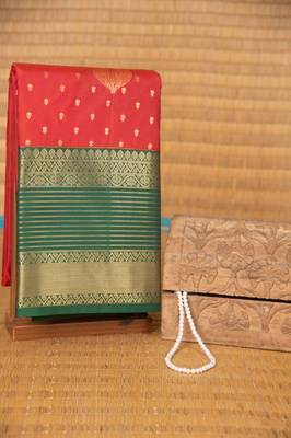 Tomato red and green semi silk saree with blouse 1