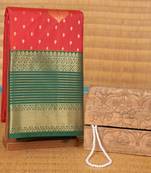 Tomato red and green semi silk saree with blouse