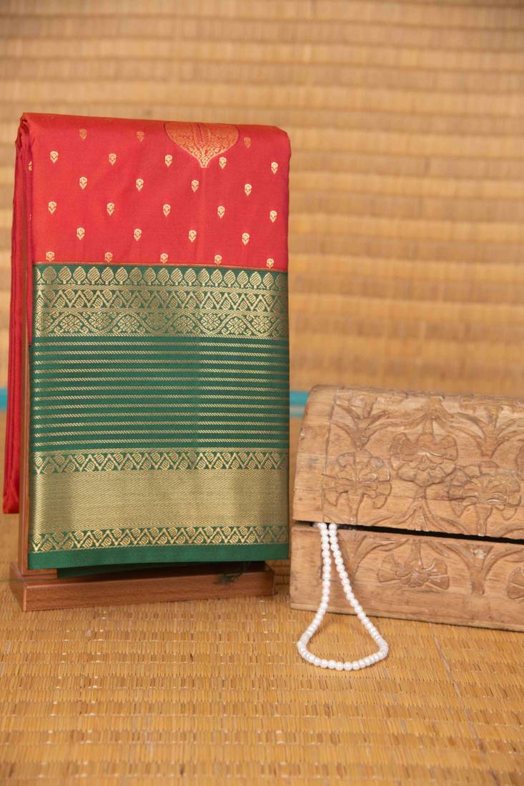 Tomato red and green semi silk saree with blouse
