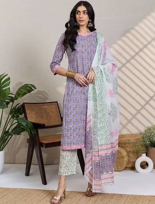 Women Floral Printed V-Neck Pure Cotton Kurta with Trousers & Dupatta 1