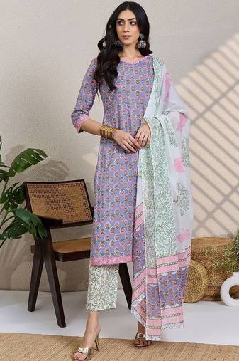 Women Floral Printed V-Neck  Cotton Kurta with Trousers & Dupatta