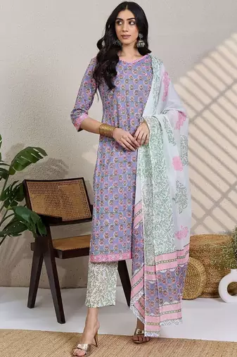 Women Floral Printed V-Neck Pure Cotton Kurta with Trousers & Dupatta