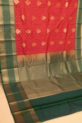 Tomato red and green semi silk saree with blouse 2