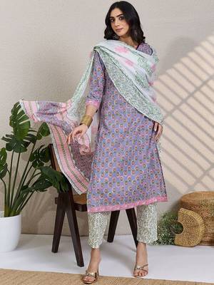 Women Floral Printed V-Neck Pure Cotton Kurta with Trousers & Dupatta 3
