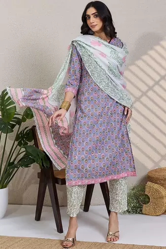 Women Floral Printed V-Neck Pure Cotton Kurta with Trousers & Dupatta