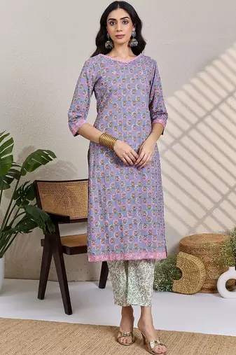 Women Floral Printed V-Neck Pure Cotton Kurta with Trousers & Dupatta