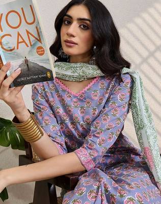 Women Floral Printed V-Neck Pure Cotton Kurta with Trousers & Dupatta 6