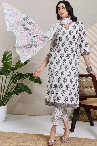 Women Floral Printed Cotton Kurta with Trousers & Dupatta