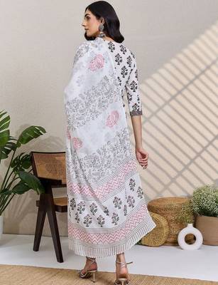 Women Floral Printed Cotton Kurta with Trousers & Dupatta 4