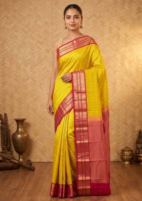 Leaf green and pink checked touch silk saree with blouse 1