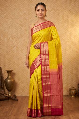 Leaf green and pink checked touch silk saree with blouse