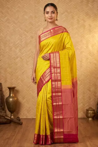 Leaf green and pink checked touch silk saree with blouse