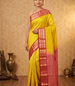 Leaf green and pink checked touch silk saree with blouse