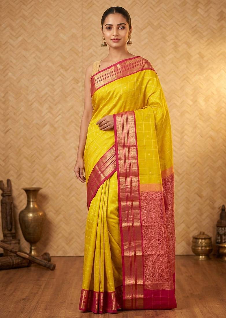 Leaf green and pink checked touch silk saree with blouse