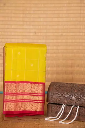 Leaf green and pink checked touch silk saree with blouse