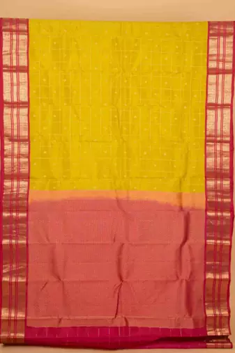 Leaf green and pink checked touch silk saree with blouse