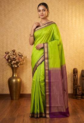 Lime green and purple touch silk saree with blouse 1