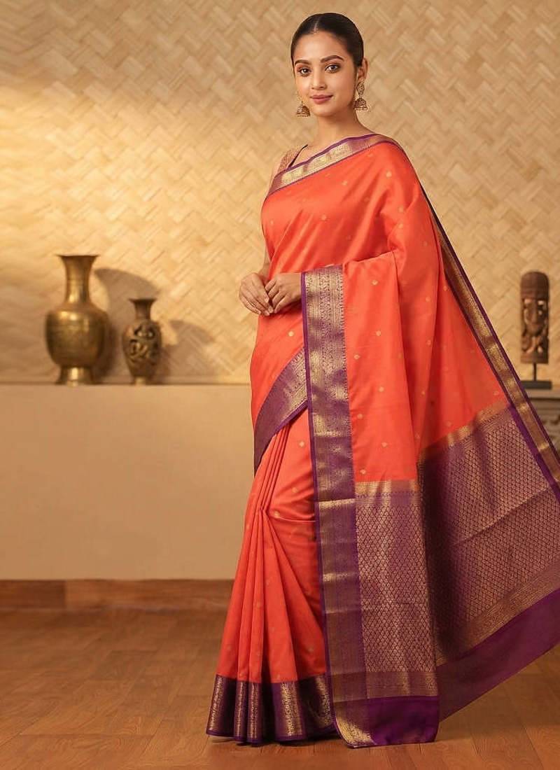 Orange and purple touch silk saree with blouse