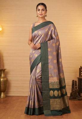 Grey and green varusaipet soft silk saree with blouse 1