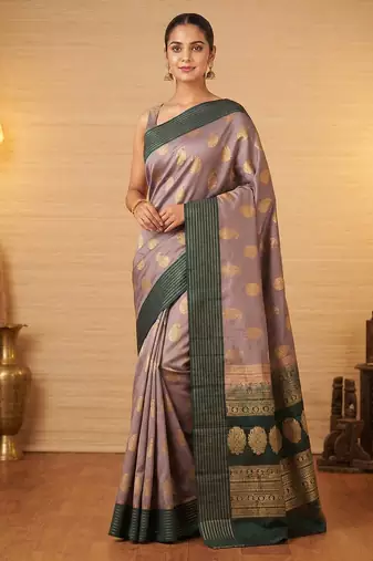 Grey and green varusaipet soft silk saree with blouse