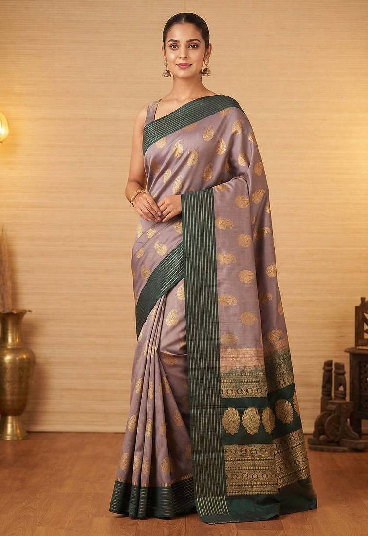 Grey and green varusaipet soft silk saree with blouse