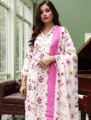 Floral Printed  Cotton Straight Kurta With Trousers & Dupatta 2